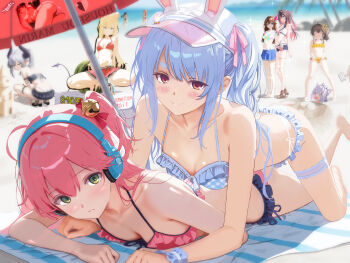 6+girls absurdres alternate_costume animal_ear_fluff animal_ears azki_(hololive) barefoot beach beach_mat beach_umbrella bell bikini black_bikini black_horns black_shorts blue_skirt breasts brown_hair brown_shoes cardboard_cutout cleavage closed_mouth collarbone colored_inner_hair commentary_request curled_horns demon_girl demon_horns demon_tail flower food fruit green_eyes hair_bell hair_flower hair_ornament hair_ribbon highres hololive horns hoshimachi_suisei houshou_marine la+_darknesss looking_at_viewer lying medium_breasts multicolored_hair multiple_girls natsuiro_matsuri natsuiro_matsuri_(hololive_summer_2019) nekomata_okayu nyamunyamu_(eminyam) ocean official_alternate_costume on_stomach orange_bikini outdoors partially_buried pink_bikini pink_hair pink_ribbon print_bikini rabbit_ears rabbit_girl red_bikini ribbon sakura_miko shoes shorts skirt smile squatting standing sunflower sunflower_hair_ornament swimsuit tail thigh_strap thighs tokino_sora tokino_sora_(hololive_summer_2019) two-tone_hair umbrella usada_pekora usada_pekora_(summer) virtual_youtuber visor_cap watermelon