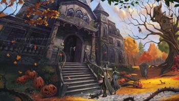 1other 2girls autumn black_cat black_cloak black_hair brown_hair building cat cloak day halloween hat high_heels highres jack-o&#039;-lantern long_hair mouse_(animal) multiple_girls nibelart original ponytail squirrel tombstone tree watermark web_address witch_hat