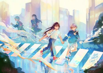 2girls absurdres bang_dream! bang_dream!_it&#039;s_mygo!!!!! black_hair blue_hoodie blue_pants blue_shorts commentary crosswalk english_commentary grey_hair haneoka_school_uniform happy_birthday highres holding holding_hands holding_microphone holding_own_arm hood hood_down hoodie jacket long_hair microphone multiple_girls pants pleated_skirt quinn_(quinyctal) school_uniform shiina_taki short_hair shorts skirt string string_of_fate takamatsu_tomori upper_body