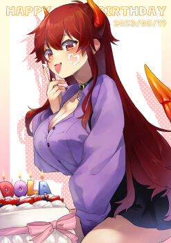 Rule 34 | 1girl, black choker, black skirt, blush, breasts, cake, choker, cleavage, collared shirt, cream, cream on face, dola (7th costume) (nijisanji), dola (nijisanji), dragon horns, food, food on face, gradient horns, happy birthday, highres, horns, large breasts, long hair, miniskirt, multicolored horns, nijisanji, purple shirt, red eyes, red hair, shirt, skirt, solo, tachibana hiyori, tongue, tongue out, virtual youtuber