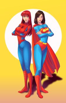 2girls absurdres animal_print ass back-to-back blue_bodysuit bodysuit boots breasts brown_hair cape choppy_bangs cosplay crossed_arms dc_comics eyelashes full_body green_eyes highres large_breasts lois_lane long_hair long_legs looking_at_viewer marvel mary_jane_watson medium_hair multicolored_bodysuit multiple_girls narrow_waist parted_bangs print_bodysuit purple_eyes purple_lips red_bodysuit red_boots red_cape red_hair red_lips shadow simple_background slim_legs spider-man spider-man_(cosplay) spider-man_(series) spider_print spider_web_print standing superhero_costume superman superman_(cosplay) superman_(series) superman_logo the_dazu two-tone_bodysuit