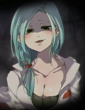 1girl aqua_eyes black_shirt blue_hair blush breasts cleavage commentary_request crazy enomoto_noa hair_bobbles hair_ornament highres hinamikan jacket large_breasts light_blue_hair looking_at_viewer low_ponytail open_clothes open_jacket open_mouth ponytail saibou_shinkyoku shaded_face shirt side_ponytail smile solo visible_air white_jacket