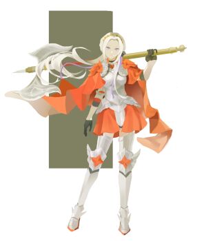 Rule 34 | 1girl, armor, armored boots, axe, black gloves, boots, breastplate, breasts, cape, commentary, dress, edelgard von hresvelg, fire emblem, fire emblem: three houses, fire emblem warriors: three hopes, full body, gloves, grey background, hair ribbon, half gloves, highres, holding, holding axe, kiriyamayumo, labraunda (fire emblem), long hair, looking at viewer, medium breasts, nintendo, official alternate costume, official alternate hairstyle, purple eyes, red cape, red dress, ribbon, solo, standing, thigh boots, untranslatable commentary, white background, white hair