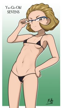 1girl adjusting_eyewear artist_name bikini black_bikini blue-framed_eyewear breasts brown_eyes brown_hair cameltoe closed_mouth collarbone copyright_name covered_erect_nipples feet_out_of_frame female_focus glasses gradient_background green_background hand_on_own_hip hand_up loli looking_at_viewer matching_hair/eyes micro_bikini monosex nanahoshi_ranze navel over-rim_eyewear semi-rimless_eyewear serious short_hair simple_background small_breasts solo standing swimsuit two-tone_background white_background yu-gi-oh! yu-gi-oh!_sevens