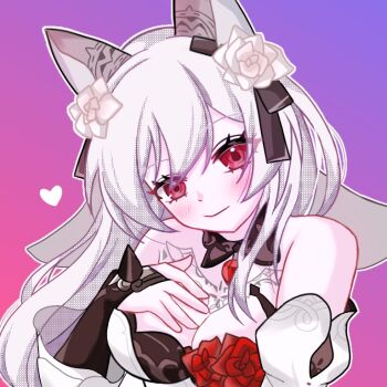 1girl bat_tattoo blush breasts chest_tattoo cleavage closed_mouth commentary_request gradient_background hand_on_own_chest honkai_(series) honkai_impact_3rd korean_commentary large_breasts long_hair looking_at_viewer luna_(honkai_impact) luna_(till_death_do_us_part)_(honkai_impact) official_alternate_costume purple_background red_eyes saewon smile solo tattoo upper_body white_hair