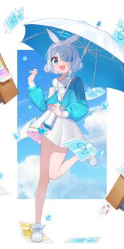 1girl absurdres arona_(blue_archive) blue_archive blue_eyes blue_hair blue_shirt braid chinese_commentary choker colored_inner_hair commentary_request falling_paper full_body hair_over_one_eye hair_ribbon highres holding holding_umbrella jing_(947728534) long_sleeves looking_at_viewer multicolored_hair open_mouth pink_hair pyroxene_(blue_archive) ribbon shirt shoes side_braid skirt smile solo standing standing_on_one_leg umbrella white_choker white_ribbon white_shoes white_skirt