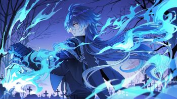 1boy antenna_hair black_capelet black_coat black_gloves blue_fire blue_hair capelet chinese_commentary coat commentary_request cross fire flins_(genshin_impact) genshin_impact gloves gradient_hair graveyard hair_between_eyes highres holding holding_lantern lantern long_hair long_sleeves male_focus multicolored_hair outdoors solo tombstone tree upper_body weibo_1733899531 yellow_eyes