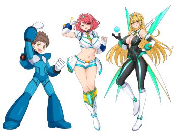 1boy 2girls absurdres armor black_bodysuit blonde_hair blue_armor blue_helmet bodysuit breasts chest_jewel cleavage core_crystal_(xenoblade) cosplay energy_wings feichu_keju full_body group_picture helmet highres ico_(megaman_x_dive) ico_(megaman_x_dive)_(cosplay) large_breasts long_hair mega_man_(series) mega_man_x_(series) mega_man_x_dive multiple_girls mythra_(xenoblade) pyra_(xenoblade) red_eyes red_hair rex_(xenoblade) rico_(mega_man) rico_(mega_man)_(cosplay) short_hair shorts simple_background tiara unworn_headwear unworn_helmet white_armor white_background white_shorts x_(mega_man) x_(mega_man)_(cosplay) xenoblade_chronicles_(series) xenoblade_chronicles_2