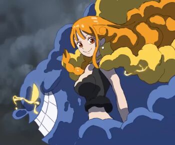 1girl animated black_shirt braid breasts brown_eyes cape choker closed_mouth cloud cloudy_sky commentary crop_top earrings electricity english_commentary floating_cape floating_hair glowing glowing_eyes grey_sky grin hugilemonnier jewelry large_breasts long_hair looking_at_viewer looping_animation midriff nami_(one_piece) nami_(one_piece)_(elbaf) official_alternate_costume official_alternate_hairstyle one_piece orange_hair pearl_earrings shirt sidelocks single_braided_sidelock sky sleeveless sleeveless_shirt smile tagme video yellow_cape yellow_eyes zeus_(one_piece)