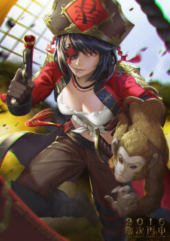 10s 1girl 2016 black_hair black_light breasts chinese_new_year cleavage coat eyepatch female_focus gloves gun highres looking_at_viewer monkey original pirate red_eyes solo sword weapon