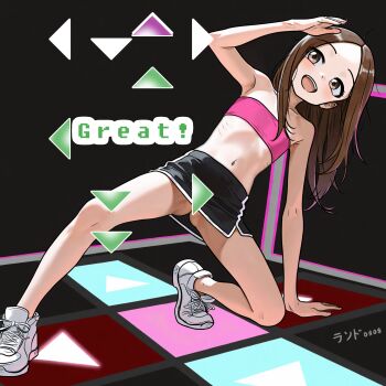 absurdres arcade bemani brown_eyes brown_hair dance_dance_revolution exhibitionism flat_chest highres karakai_jouzu_no_takagi-san lander0808 loli miniskirt no_panties public_indecency shoes skirt strapless takagi-san tube_top
