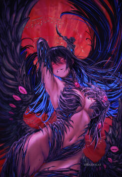 1girl absurdres armpits asymmetrical_horns baloolax black_hair black_wings blue_hair breasts colored_inner_hair commentary demon_horns english_commentary highres hololive hololive_english horns large_breasts long_hair looking_at_viewer mole mole_on_thigh mole_under_eye multicolored_hair navel nerissa_ravencroft red_eyes solo tarot the_devil_(tarot) two-tone_hair uneven_horns very_long_hair virtual_youtuber wings