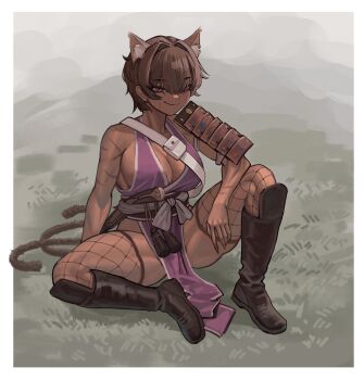 1girl absurdres animal_ears armor boots border breasts brown_boots brown_hair cat_ears commentary dark-skinned_female dark_skin dress english_commentary fang fingernails fishnet_thighhighs fishnets full_body highres japanese_armor large_breasts multiple_tails nekomata original pelvic_curtain purple_dress sash sharp_fingernails short_hair shoulder_armor single_sode sitting skin_fang smile sode soldat_(dndosld73832) solo spread_legs tail thighhighs thighs white_border