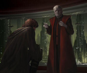 2boys anakin_skywalker black_robe brown_hair cityscape colored_skin grey_hair grey_skin highres javier_charro looking_at_another multiple_boys on_one_knee palpatine red_robe robe scene_reference short_hair standing star_wars star_wars:_revenge_of_the_sith