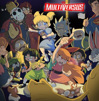 4girls 6+boys adult_swim adventure_time batman blossom_(ppg) bruise bruise_on_face bubbles_(ppg) bugs_bunny buttercup_(ppg) cartoon_network copyright_name crossover dc_comics english_text fighting_stance finn_the_human friday_the_13th furry furry_male gizmo_(gremlins) gremlins_(movie) highres injury jake_the_dog jason_voorhees jerry_(tom_and_jerry) long_hair looney_tunes marvin_the_martian medium_hair moccimu morty_smith multiple_boys multiple_crossover multiple_girls multiversus powerpuff_girls rick_and_morty rick_sanchez scooby-doo shaggy_rogers short_hair steven_quartz_universe steven_universe superman the_joker tom_(tom_and_jerry) tom_and_jerry velma_dinkley warner_bros.