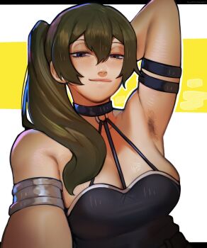 Rule 34 | 1girl, absurdres, arm strap, arm up, armlet, armpit focus, armpit stubble, armpits, bare shoulders, black choker, black dress, breasts, choker, closed mouth, double-parted bangs, dress, fluffydango, green hair, hair between eyes, highres, jewelry, large breasts, looking at viewer, o-ring, o-ring choker, outline, purple eyes, side ponytail, solo, sousou no frieren, ubel (sousou no frieren), upper body, white background, white outline, yellow background