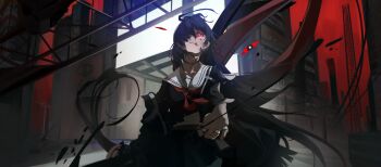 1girl absurdres bigchaping black_choker black_hair black_jacket black_nails black_skirt chisa_(wuthering_waves) choker commentary crop_top fingernails hair_ribbon highres incredibly_absurdres jacket long_hair looking_at_viewer nail_polish neckerchief off_shoulder outstretched_arm parted_lips red_neckerchief red_ribbon ribbon sailor_collar skirt solo very_long_hair white_sailor_collar wuthering_waves