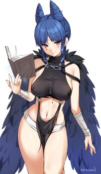 1girl bandaged_wrist bandages bare_shoulders black_shirt blue_hair book borrowed_character breasts closed_mouth cone_hair_bun crop_top facial_mark feather_cape grimoire hair_bun highres kaetzchen large_breasts long_hair looking_at_viewer midriff myrra_the_witch_(chaesu) navel original pelvic_curtain purple_eyes revealing_clothes shirt simple_background sleeveless sleeveless_shirt smile solo stomach taut_clothes taut_shirt thighs white_background