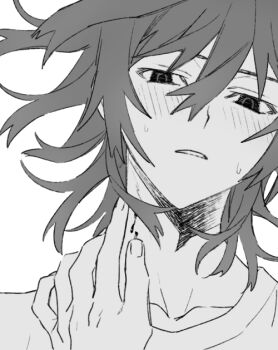 1boy bite_mark bite_mark_on_neck blood blood_drip blush close-up greyscale hair_between_eyes half-closed_eyes hand_on_own_neck honosuke_(tns4b) koide_natsuno looking_at_viewer male_focus monochrome parted_lips shiki_(novel) shirt short_hair simple_background solo sweatdrop t-shirt vampire_bite white_background