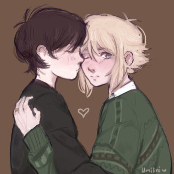 2boys alternate_costume antenna_hair artist_name basil_(faraway)_(omori) basil_(omori) black_hair black_sweater blonde_hair blue_eyes brown_background closed_eyes closed_mouth collared_shirt green_sweater hair_between_eyes heart highres jewelry long_sleeves looking_at_viewer male_focus multiple_boys omori one_eye_closed ring shirt shirt_under_sweater short_hair sidelocks simple_background sunny_(omori) sweater umilini2 white_shirt yaoi