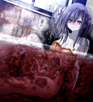 1girl bath bathing blood blue_hair blush bone closed_mouth completely_nude gorezono_neo_(yu-ki_iwata) guro hair_between_eyes highres intestines looking_at_viewer lying nude original red_eyes ribs solo tile_wall tiles water wet yu-ki_iwata