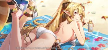 1girl 2020 ahoge ass beach bikini blonde_hair bow breasts brown_bow elinalise_dragonroad flower grin hair_bow hair_tubes high_ponytail highres legs_up long_hair looking_at_viewer looking_back lotion lying medium_breasts mushoku_tensei on_stomach one_eye_closed open_clothes open_shoes pointy_ears ponytail red_eyes red_flower sideboob smile solo summer sunlight sunscreen swimsuit the_pose thigh_strap toes topless_female untied_bikini very_long_hair white_bikini yellow_flower