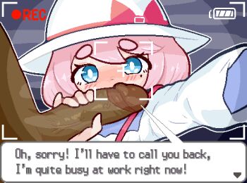 1boy 1girl age_difference blue_eyes blush calamity33 dark-skinned_male dark_skin dialogue_box english_text hat loli looking_at_viewer mole mole_under_eye penis penis_on_face pink_hair pokemon pokemon_bw2 reaching reaching_towards_viewer recording short_eyebrows short_hair solo_focus thick_eyebrows uncensored veins veiny_penis viewfinder white_hat yancy_(pokemon)