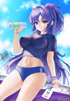 1girl black_shirt blue_archive blue_buruma blue_sky blush bottle breasts buruma cloud collarbone cowboy_shot crop_top day floodlights gym_uniform hair_between_eyes high_ponytail highres holding holding_bottle id_card lanyard large_breasts long_hair looking_at_viewer midriff mosley_(mosleyyy) navel official_alternate_costume outdoors ponytail purple_eyes purple_hair shirt short_sleeves shorts sidelocks sky smile solo sportswear star_(symbol) star_sticker sticker sticker_on_face stomach thighs very_long_hair water_bottle yuuka_(blue_archive) yuuka_(track)_(blue_archive)