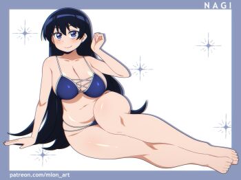 1girl arato_nagi arm_support arm_up bare_shoulders barefoot bikini black_hair blue_bikini blue_border blue_eyes blush border breasts cleavage closed_mouth collarbone commentary earrings full_body hair_between_eyes highres jewelry kdtwifi large_breasts long_hair looking_at_viewer multi-strapped_bikini_bottom navel patreon_username plump ruri_no_houseki sitting smile solo straight_hair stud_earrings swimsuit very_long_hair