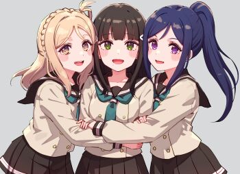 3girls :d absurdres black_hair black_sailor_collar black_skirt blonde_hair blue_hair blunt_bangs blush braid breasts brown_shirt buttons commentary cowboy_shot cream_(nipakupa) crown_braid double-breasted green_eyes grey_background group_hug hair_rings high_ponytail highres hug kurosawa_dia long_hair long_sleeves love_live! love_live!_sunshine!! matsuura_kanan medium_breasts miniskirt multiple_girls ohara_mari one_side_up open_mouth parted_bangs pleated_skirt ponytail purple_eyes sailor_collar school_uniform shirt sidelocks simple_background single_hair_ring skirt smile symbol-only_commentary uranohoshi_school_uniform winter_uniform