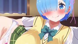 1boy 1girl 3d animated blue_bow blue_eyes blue_hair blush bow bow_panties breasts breasts_out censored clipping cum cum_on_body cum_on_legs cum_on_lower_body ejaculation erection female_focus green_bow hair_over_one_eye heart hetero highres inverted_nipples japanese_text large_breasts large_nipples legs looking_at_penis looking_at_viewer male_masturbation masturbation nose open_mouth panties panties_around_leg pastakudasai penis precum pussy pussy_juice pussy_juice_stain pussyjob re:zero_kara_hajimeru_isekai_seikatsu rem_(re:zero) school_uniform sex sex_from_behind shadow short_hair skirt smile socks sound stain steam sweat tagme thigh_gap thigh_sex tongue tongue_out underwear video wet wet_clothes wet_panties white_panties white_socks window