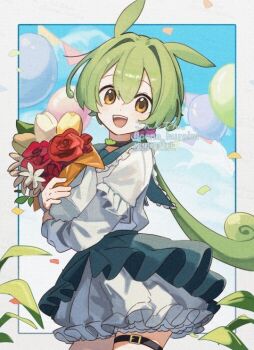 1girl :d animal_ears balloon belt black_choker border bouquet bow choker cloud commentary confetti corn_kuten cowboy_shot day double-parted_bangs flower green_hair green_sailor_collar green_skirt hair_between_eyes hair_bow holding holding_bouquet long_hair long_sleeves looking_at_viewer low_ponytail open_mouth outdoors outside_border pink_bow ponytail red_flower red_rose rose sailor_collar shirt skirt smile solo symbol-only_commentary thigh_belt thigh_strap tulip voicevox watermark white_border white_flower white_shirt white_tulip yellow_eyes yellow_flower yellow_tulip zundamon