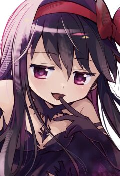 akemi_homura akuma_homura bare_shoulders black_collar black_dress black_hair black_sleeves bow close-up collar commentary_request detached_collar detached_sleeves dress hair_bow hair_over_shoulder hair_ribbon hand_in_mouth ikuchi_osutega long_hair looking_at_viewer mahou_shoujo_madoka_magica open_mouth portrait purple_eyes red_bow red_ribbon ribbon simple_background white_background