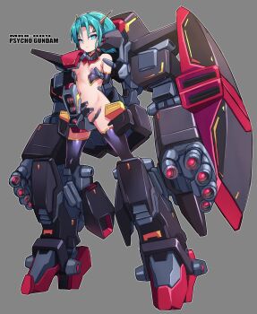 1girl black_thighhighs blue_eyes blue_hair breasts commentary_request grey_background groin gundam headgear highres humanization karukan_(monjya) looking_at_viewer mecha_musume navel psycho_gundam revealing_clothes simple_background small_breasts solo thighhighs zeta_gundam