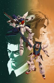 1990s_(style) 2000s_(style) 2boys beam_rifle beam_shield character_request commentary energy_gun english_commentary g-saviour_gundam g3-saviour gundam gundam_g-saviour highres magazine_scan mark_curran mecha mobile_suit multiple_boys nanopocalypse official_art painting_(medium) promotional_art retro_artstyle robot scan science_fiction sideburns space star_(sky) traditional_media v-fin weapon western_comics_(style)