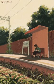 1girl absurdres bench black_hair brown_shoes camera coma_(ina_co_ma) grey_sky head_rest highres holding holding_camera original outdoors overgrown overhead_line plant scenery shoes sitting sky solo train_station_platform twitter_username vines wide_shot