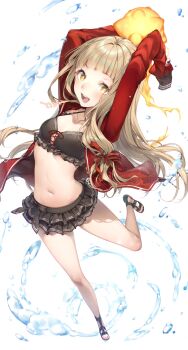 1girl ball bikini black_bikini black_sandals blonde_hair blunt_bangs blush bubble flat_chest frilled_bikini frills happy highres jacket long_hair looking_at_viewer navel orange_eyes red_jacket red_riding_hood_(sinoalice) ribbon sandals sidelocks sinoalice solo swimsuit teroru water watermark wavy_hair white_background