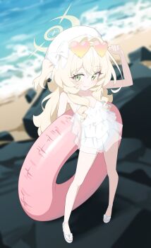 1girl blonde_hair blue_archive green_eyes halo honi_(honi1010) long_hair looking_at_viewer ocean professor_niyaniya_(blue_archive) rock sand solo sunglasses swimsuit yellow_halo