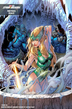 1girl 4boys abs artist_name blonde_hair blue_skin breasts cleavage cleavage_cutout clothing_cutout colored_skin comic_cover commentary copyright_name cover cover_page earrings enchantress_(marvel) english_commentary glowing glowing_eyes green_eyes green_one-piece_swimsuit green_tiara hand_in_own_hair highres jewelry large_breasts long_hair looking_to_the_side magic makeup marvel multiple_boys muscular muscular_male navel necklace nethodiazz official_art one-piece_swimsuit parted_lips pelt red_eyes red_lips skull_necklace snow solo_focus steam swimsuit thor_(marvel)_(series) tooth_necklace topless_male western_comics_(style) wet