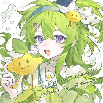 1girl artist_name blue_hairband bow bubble buttons chinese_commentary collar collared_shirt commentary_request dated eyelashes fangs fingernails floral_print food-themed_hair_ornament food_print fruit_print green_hair green_jacket green_necktie hair_between_eyes hair_bow hair_ornament hairband hairclip highres holding holding_toy ice ice_cube jacket lemon_hair_ornament lemon_print light_blush long_hair long_sleeves looking_at_viewer necktie one_side_up open_clothes open_jacket open_mouth original patchwork_clothes purple_eyes qin_ningshui_buleng sailor_collar sample_watermark shirt simple_background skin_fangs sleeves_past_wrists smile solo toy upper_body very_long_hair water_drop watermark weibo_watermark white_background white_bow white_collar white_sailor_collar white_shirt