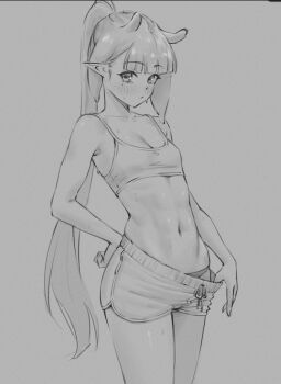 Rule 34 | 1girl, flat chest, hololive, hololive english, long hair, monochrome, navel, ninomae ina'nis, pointy ears, samukzz, shorts, stomach, sweat, tank top, very long hair, virtual youtuber
