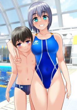 1boy 1girl absurdres age_difference aqua_eyes black_hair blue_male_swimwear blue_one-piece_swimsuit commentary_request competition_swimsuit covered_navel cowboy_shot grey_hair grin highleg highleg_one-piece_swimsuit highres indoors male_swimwear multicolored_swimsuit navel one-piece_swimsuit onee-shota original pool poolside purple_eyes short_hair smile striped_male_swimwear swim_briefs swimsuit takafumi thigh_gap topless_male variant_set