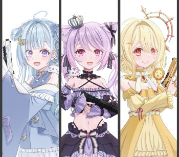 Rule 34 | 3girls, :3, :d, ahoge, amaui, animal, animal ears, animal on shoulder, black bow, black collar, black ribbon, black skirt, black sleeves, black tube top, blonde hair, blue bow, blue hair, blue kimono, blunt bangs, blush, bow, skirt bow, bowtie, braid, breasts, cat ears, cleavage, closed mouth, collar, column lineup, commentary request, cowboy shot, crescent, crescent hair ornament, criss-cross halter, crown, crown braid, detached collar, detached sleeves, dress, ear ribbon, fang, frilled collar, frilled dress, frilled kimono, frilled sleeves, frilled tube top, frills, gun, h&amp;k hk45, hair between eyes, hair bow, hair intakes, hair ornament, halo, halterneck, handgun, highres, hinata mashu, holding, holding gun, holding weapon, ina uruu, japanese clothes, kimono, large breasts, long hair, long sleeves, looking at viewer, low twintails, medium breasts, midriff, mini crown, multiple girls, nanashi inc., natsuki aya, navel, neck ribbon, off-shoulder dress, off shoulder, open mouth, orange eyes, pink eyes, pink hair, pink ribbon, purple eyes, rabbit, red ribbon, ribbon, short hair, side braid, simple background, skirt, sleeve ribbon, smile, smith &amp; wesson m&amp;p, smith &amp; wesson m&amp;p45, strapless, suppressor, tube top, twintails, two-tone bow, virtual youtuber, weapon, white background, white bow, white bowtie, wide sleeves, yellow collar, yellow dress