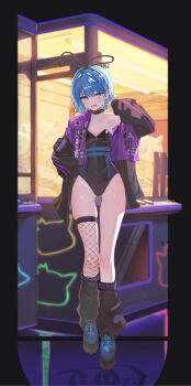 1girl absurdres alternate_costume animal_ear_hairband animal_ears black_collar black_jacket black_leg_warmers blue_eyes blue_hair blue_shoes blurry blurry_background collar commentary_request covered_navel crane_game double-parted_bangs earrings fake_animal_ears fishnet_thighhighs fishnets full_body hair_between_eyes hairband hand_in_pocket hand_up highleg highleg_leotard highres hololive hoshimachi_suisei indoors jacket jewelry leg_warmers leotard looking_at_viewer multicolored_jacket open_mouth platform_shoes playboy_bunny purple_jacket rabbit_ear_hairband rabbit_ears sanada_keisui shoes short_hair single_off_shoulder single_thighhigh solo star_(symbol) star_earrings star_in_eye strapless strapless_leotard symbol_in_eye thighhighs two-tone_jacket virtual_youtuber