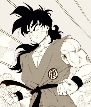 1boy belt clenched_hands commentary cross_scar dougi dragon_ball dragonball_z facial_scar from_below frown greyscale highres lee_(dragon_garou) long_hair male_focus monochrome muscular muscular_male pectoral_cleavage pectorals profile scar scar_across_eye scar_on_cheek scar_on_face sepia solo upper_body veins yamcha