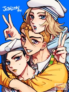 3boys birthmark black_hair blonde_hair blue_background blue_eyes blue_hoodie blue_lips blue_nails collared_shirt commentary_request double_v fumi_(jojolion) grandfather_and_grandson grin hat highres hood hood_down hoodie hug hug_from_behind joestar_birthmark johnny_joestar jojo_2waka jojo_no_kimyou_na_bouken jojolion kira_yoshikage_(jojolion) looking_at_viewer makeup multiple_boys orange_hair purple_eyes sailor sailor_hat shirt short_hair smile star_(symbol) star_print sweater teeth time_paradox v white_hat white_shirt yellow_lips yellow_sweater