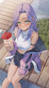 1girl armband black_skirt bubble_tea commission cup earrings green_eyes highres holding holding_cup jacket jacket_partially_removed jewelry khr_39 long_hair looking_at_viewer midriff navel on_bench original purple_hair purple_jacket purple_nails sitting skeb_commission skirt sleeveless sleeveless_sweater sleeveless_turtleneck solo sweater turtleneck twitter_username