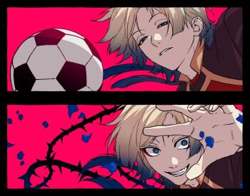 Rule 34 | 1boy, arm up, ball, black border, blonde hair, blue eyes, blue hair, blue lock, border, collared shirt, gradient hair, grin, looking at viewer, male focus, michael kaiser, multicolored hair, multiple views, nagdong duck, parted bangs, pink background, plant, shirt, smile, soccer ball, teeth, vines, wide-eyed