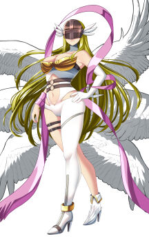 1girl absurdres angel angel_wings angewomon anklet armor asymmetrical_clothes asymmetrical_footwear bare_shoulders belt black_belt blonde_hair bodysuit boobplate boots breastplate breasts chiwa_dak cleavage closed_mouth clothing_cutout collarbone commentary covered_eyes crossed_legs curvy digimon digimon_(creature) elbow_gloves english_commentary feathered_wings full_body gloves hagoromo hand_on_own_hip helmet helmet_over_eyes high_heel_boots high_heels highres holy_ring jewelry large_breasts long_hair mismatched_footwear multiple_wings navel o-ring o-ring_belt revealing_clothes shawl simple_background single_elbow_glove solo standing stomach stomach_cutout thigh_belt thigh_strap very_long_hair watson_cross white_background white_bodysuit white_boots white_gloves winged_helmet wings wrist_wings zipper