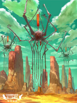 absurdres brain cloudbreaker_alliance copyright_name exposed_brain faceless fantasy floating green_sky highres hook monster mountain official_art outdoors propeller sky tagme yumo80295386